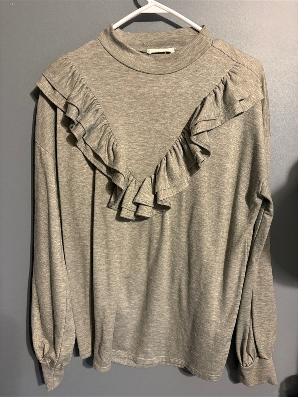 entro Light Gray Ruffle Mock Neck Long Sleeve Top